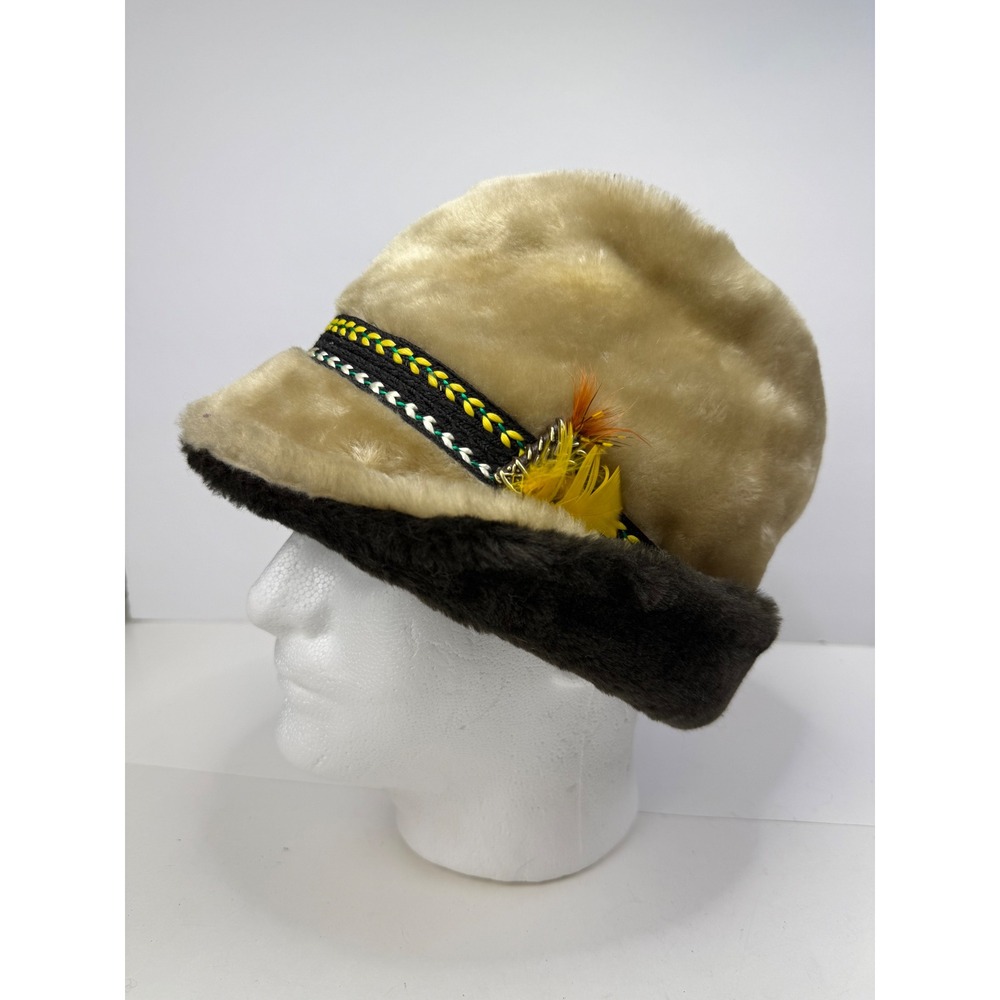 Vintage Faux Fur Bucket Hat Brown Woven Band Feather Ear Flaps USA Large 1970's